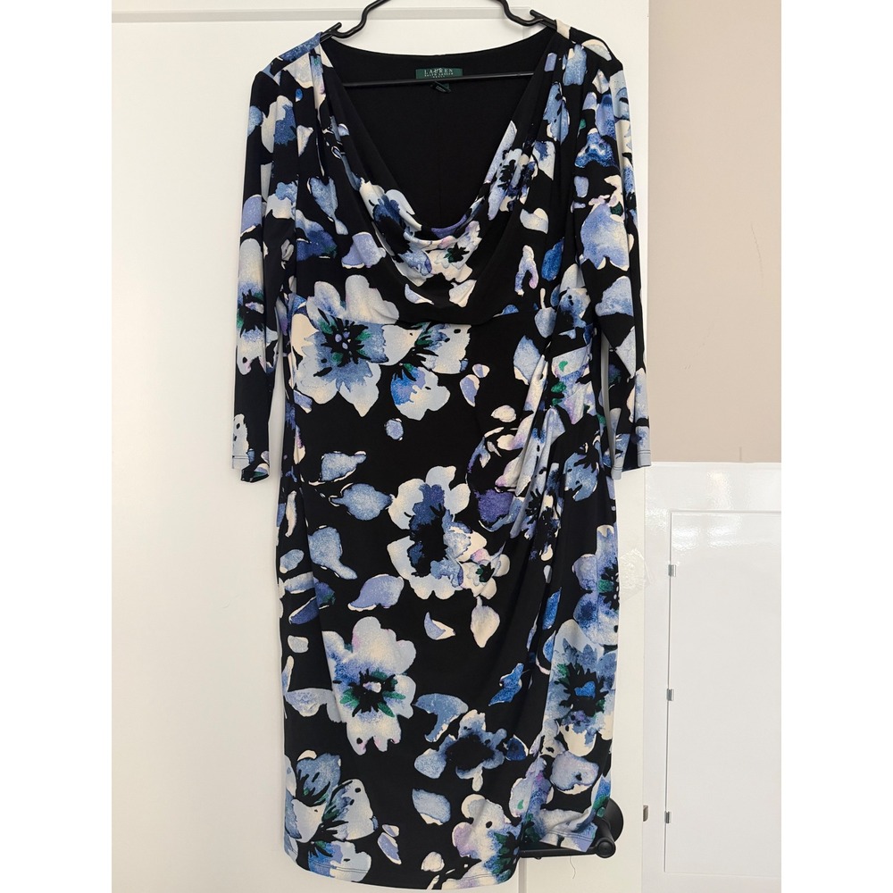 Lauren Ralph Lauren Floral Cowl Neck Ruched Sheath Dress Black Blue Womens 18